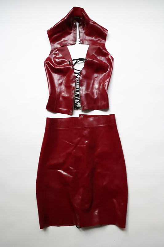 Demask Latex Two Piece Skirt Set Corset Lace Up Back - Women's XS or 2 - Plum