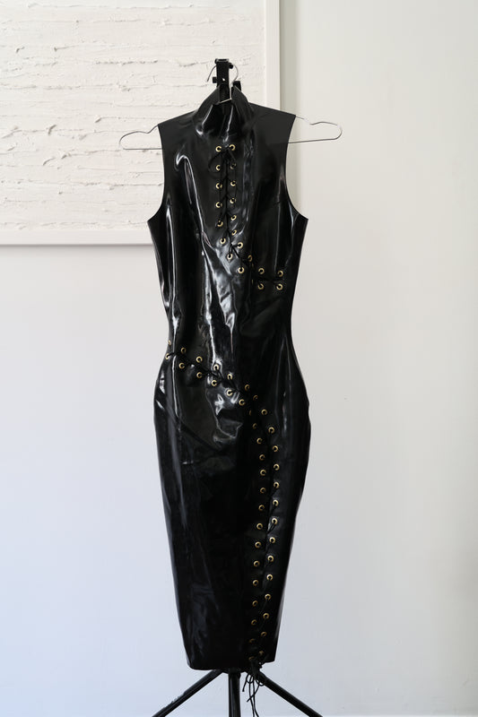William Wilde Priestess Latex Dress (Bodycon Midi w Gold Hardware) - XS