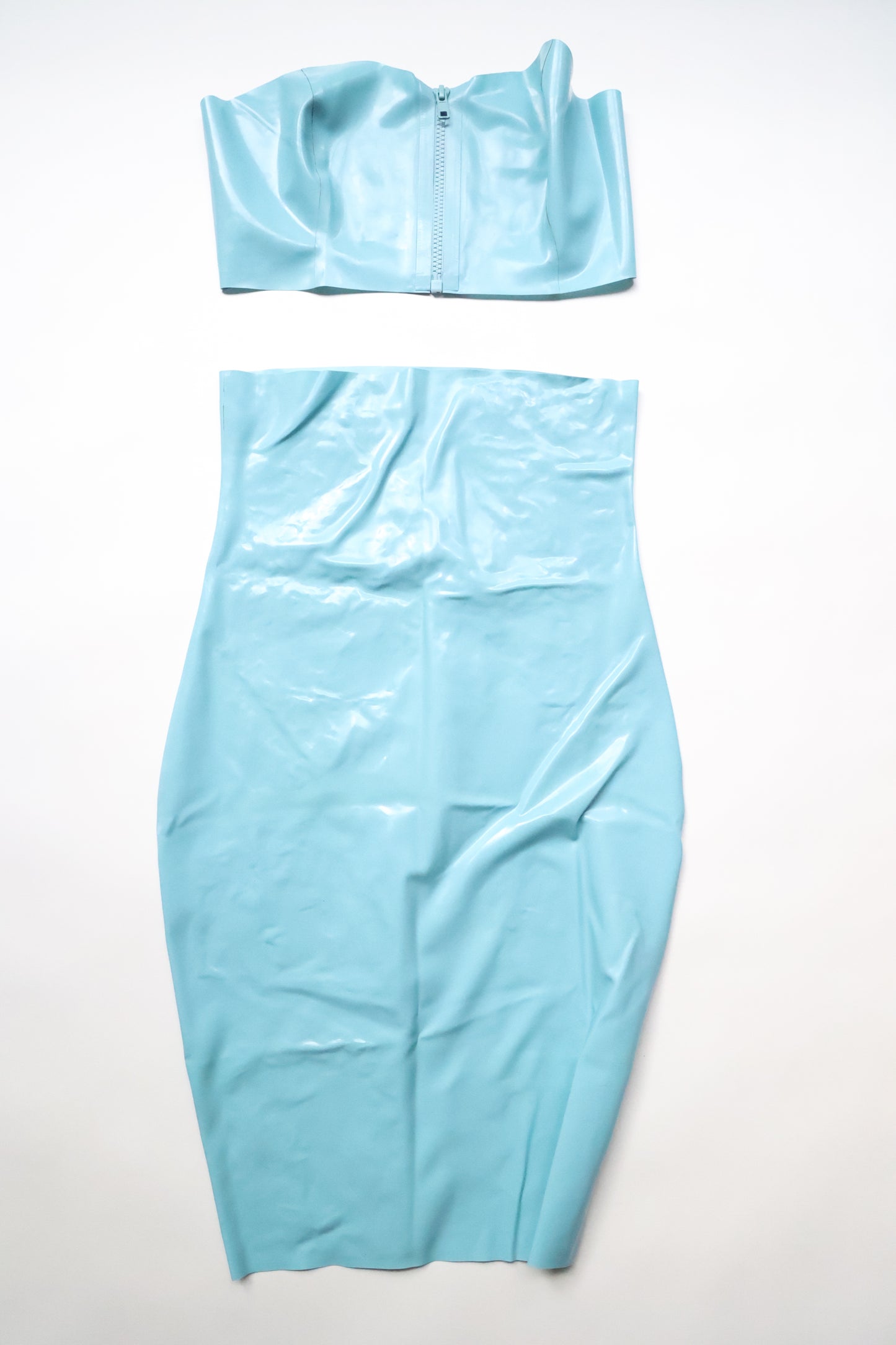 Latex Two Piece Skirt and Bandeau Tube Top Set - Women's Size S - Light Blue
