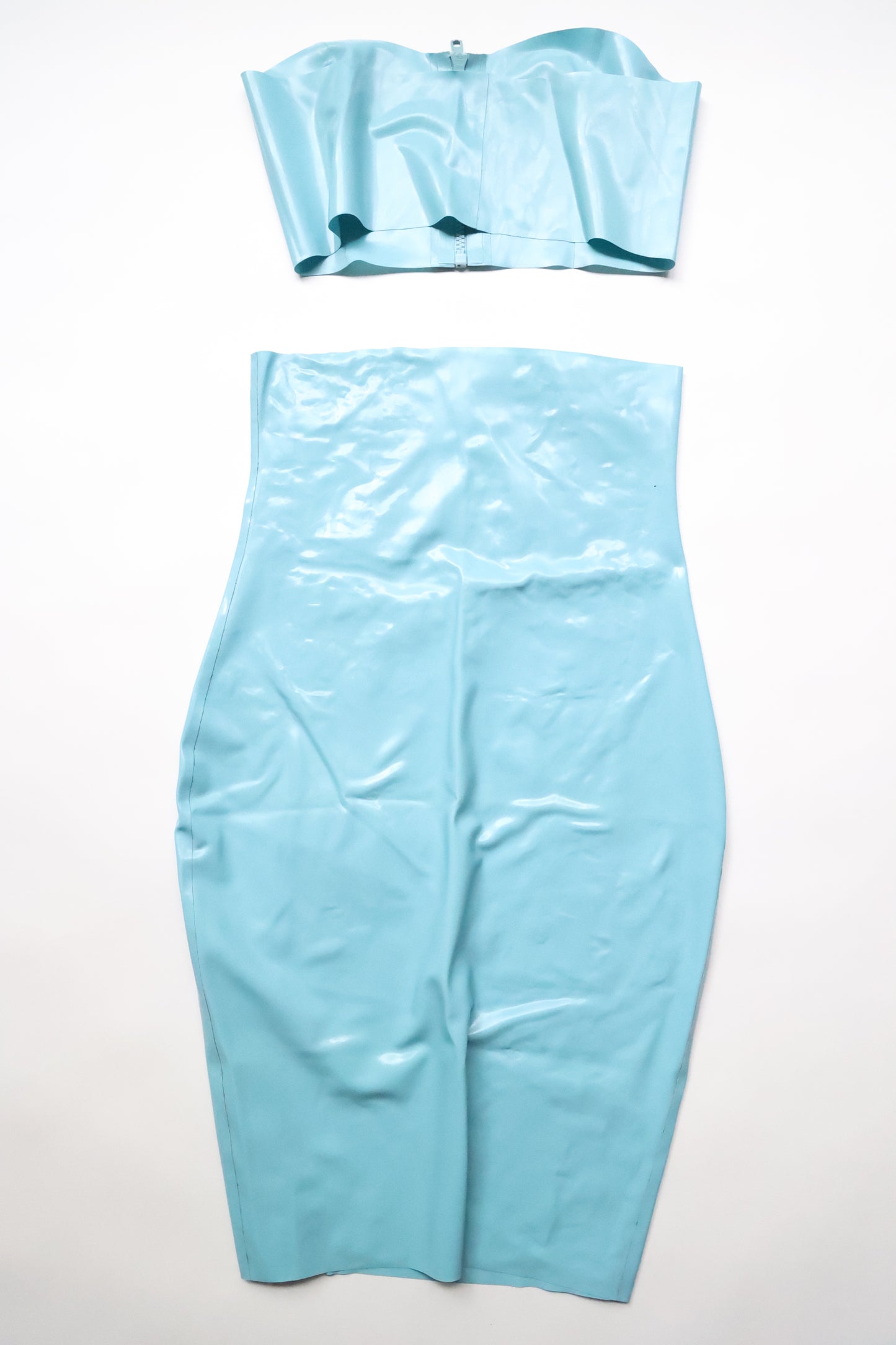 Latex Two Piece Skirt and Bandeau Tube Top Set - Women's Size S - Light Blue